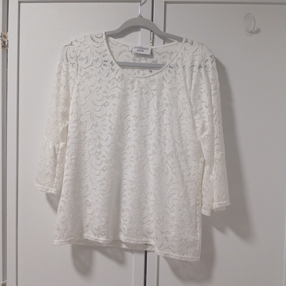 Peck & Peck Lace Top Blouse Womens Petite L White Lined 3/4 Sleeve Scoop Neck